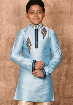 Hand Embroidered Dupion Silk Kurta in Light Blue