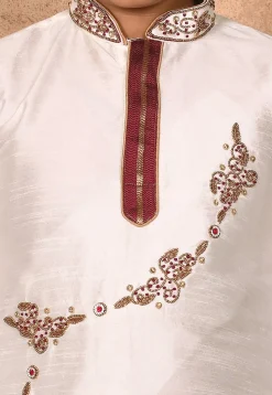 Hand Embroidered Dupion Silk Kurta in Cream