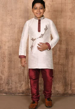 Hand Embroidered Dupion Silk Kurta in Cream