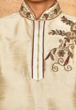Hand Embroidered Dupion Silk Kurta in Light Beige