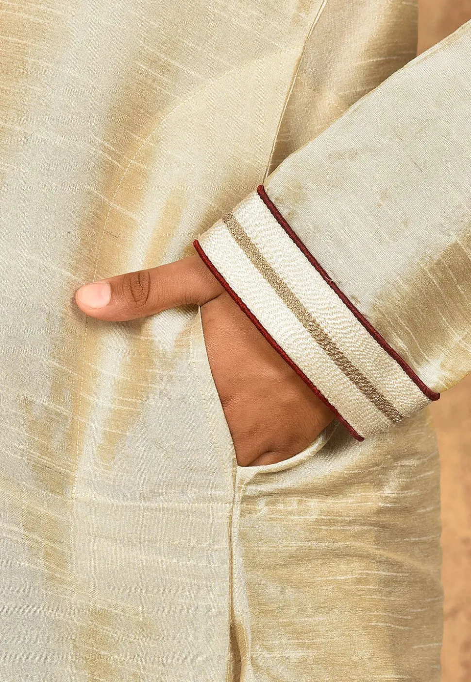 Hand Embroidered Dupion Silk Kurta in Light Beige