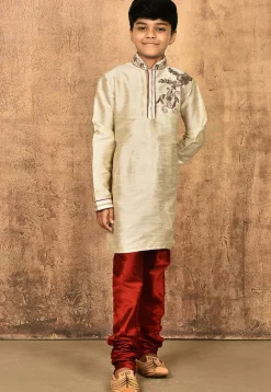 Hand Embroidered Dupion Silk Kurta in Light Beige