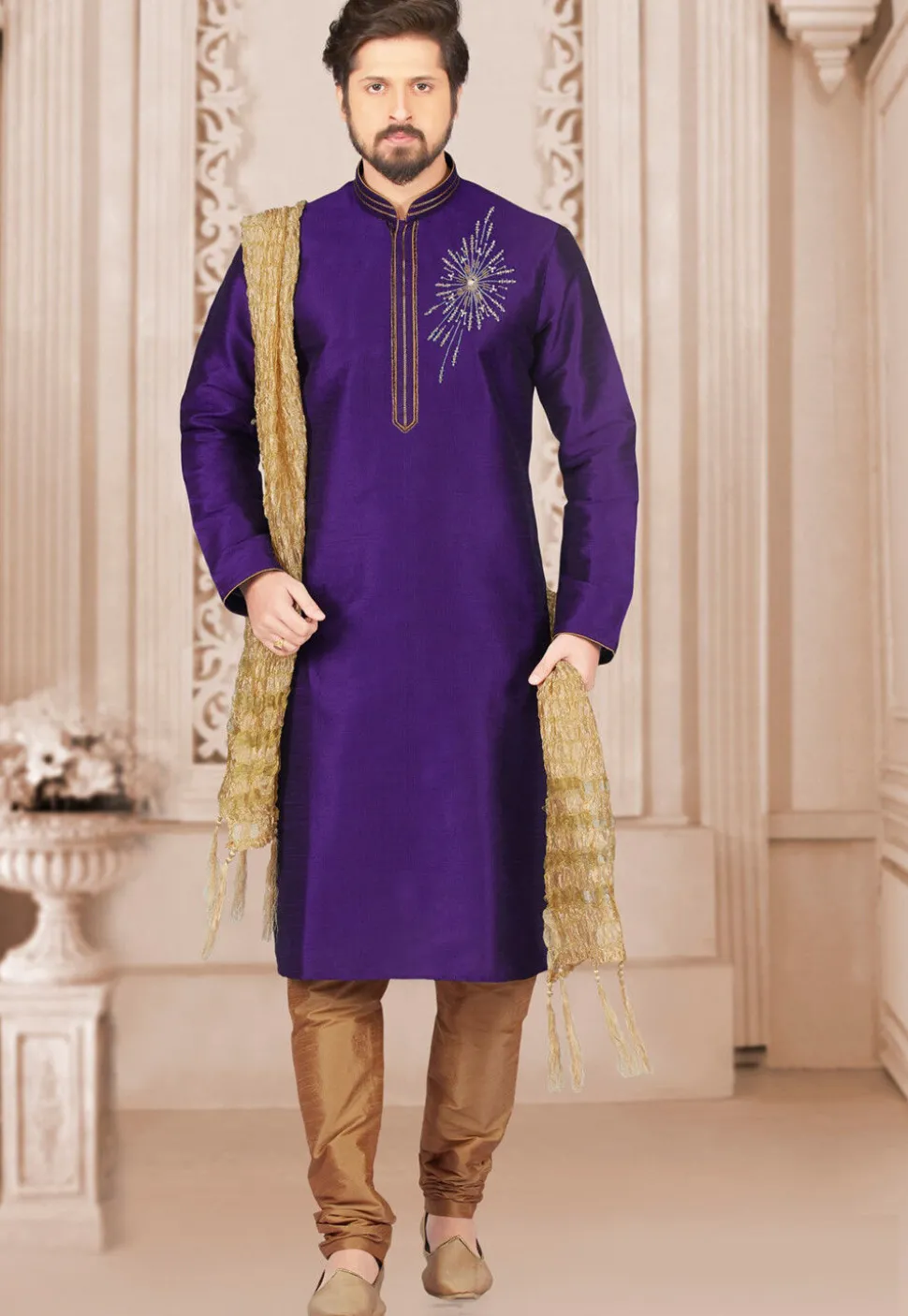Hand Embroidered Dupion Silk Kurta Set in Purple
