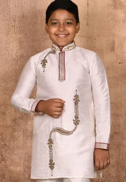 Hand Embroidered Dupion Silk Kurta in Off White
