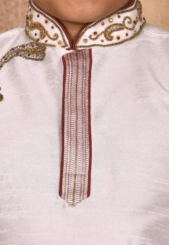 Hand Embroidered Dupion Silk Kurta in Off White
