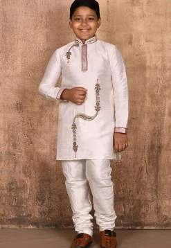 Hand Embroidered Dupion Silk Kurta in Off White