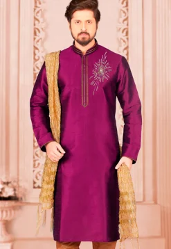 Hand Embroidered Dupion Silk Kurta in Violet