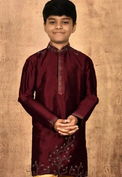 Hand Embroidered Dupion Silk Kurta in Maroon