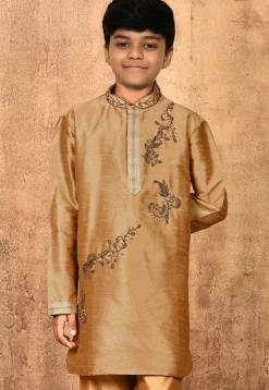 Hand Embroidered Dupion Silk Kurta in Beige