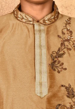 Hand Embroidered Dupion Silk Kurta in Beige