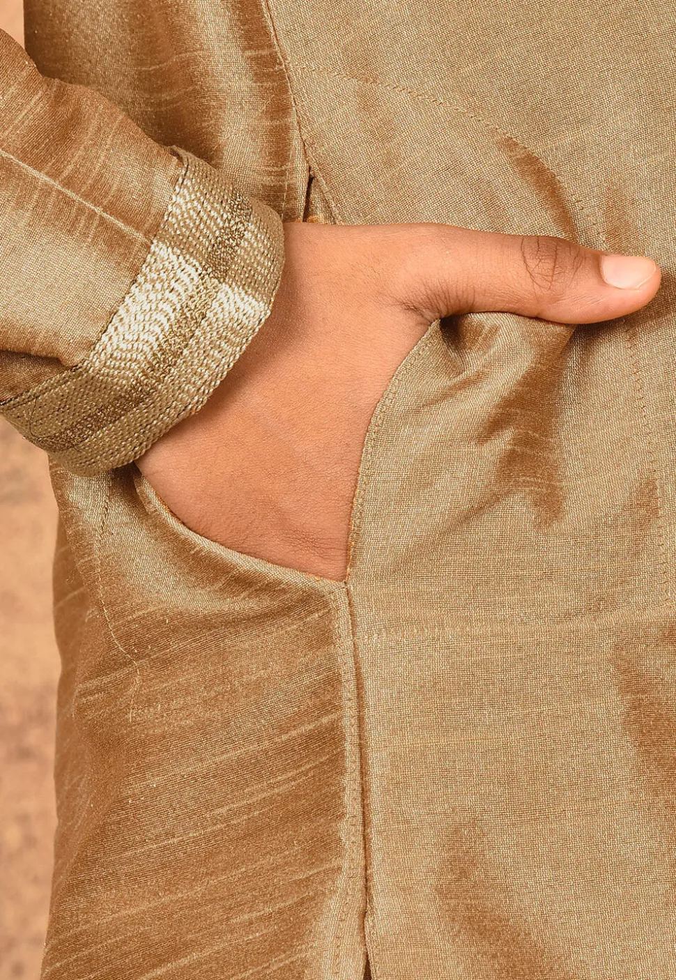 Hand Embroidered Dupion Silk Kurta in Beige