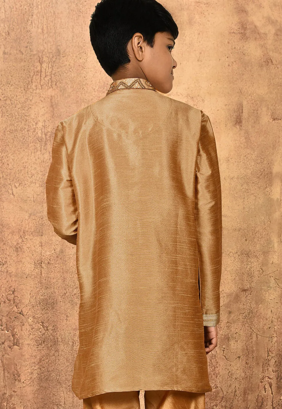 Hand Embroidered Dupion Silk Kurta in Beige