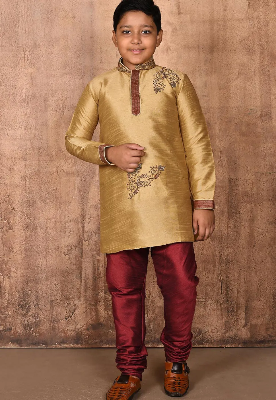 Hand Embroidered Dupion Silk Kurta Set in Beige
