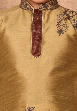 Hand Embroidered Dupion Silk Kurta Set in Beige