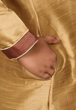 Hand Embroidered Dupion Silk Kurta Set in Beige