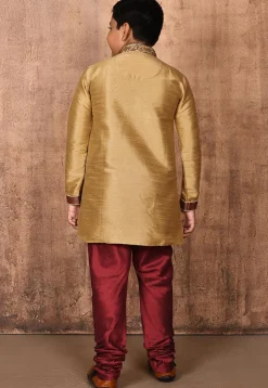 Hand Embroidered Dupion Silk Kurta Set in Beige