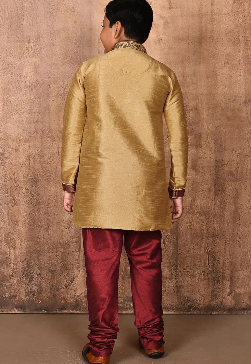 Hand Embroidered Dupion Silk Kurta Set in Beige