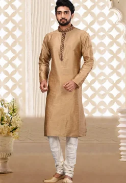 Hand Embroidered Dupion Silk Kurta Set in Beige