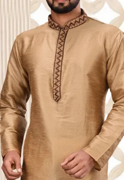 Hand Embroidered Dupion Silk Kurta Set in Beige