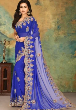 Hand Embroidered Georgette Saree in Royal Blue