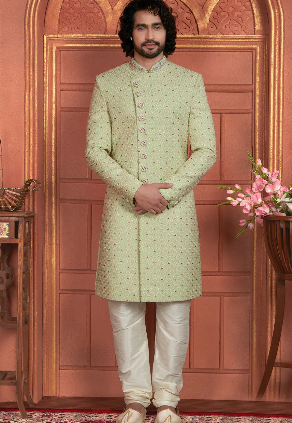 Hand Embroidered Georgette Sherwani in Light Green
