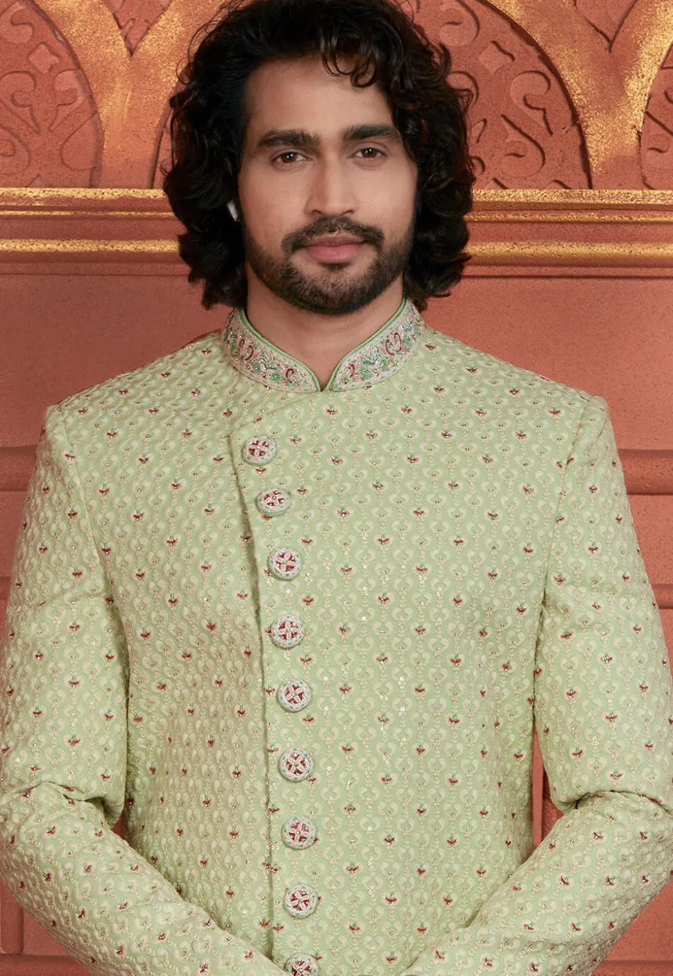 Hand Embroidered Georgette Sherwani in Light Green