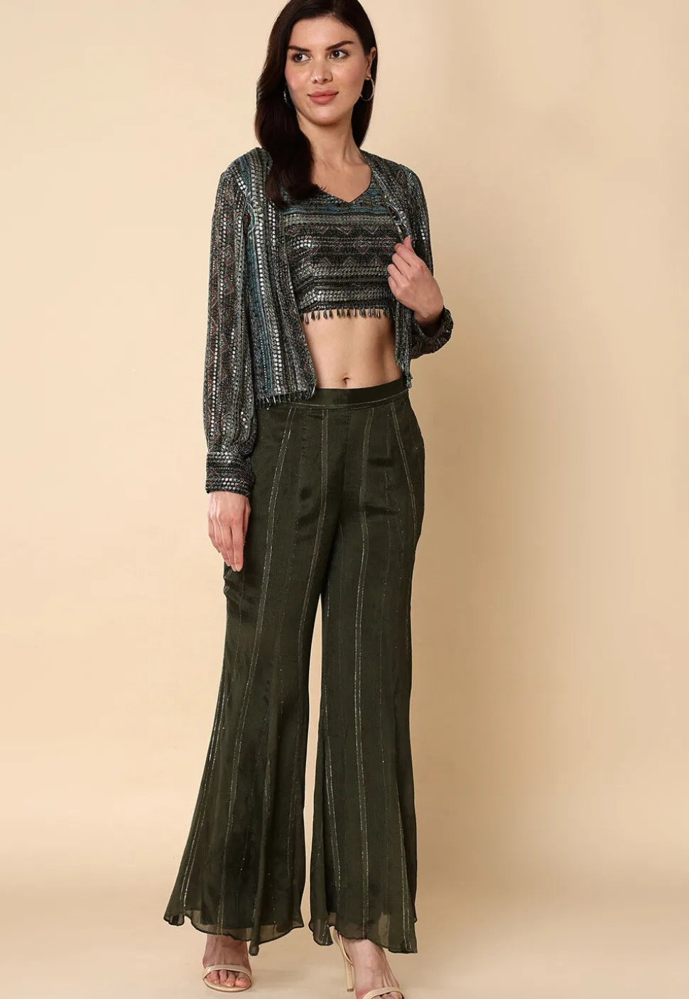 Hand Embroidered Georgette Crop Top Set in Olive Green
