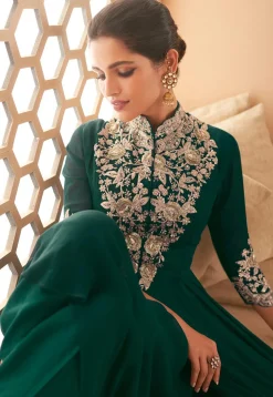 Hand Embroidered Georgette Abaya Style Suit in Teal Green