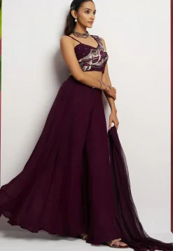 Hand Embroidered Georgette Crop Top Set in Purple