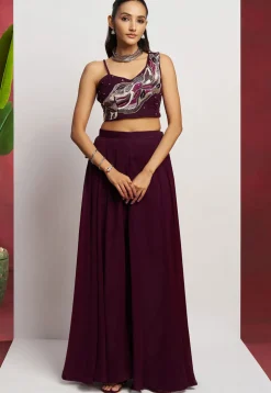 Hand Embroidered Georgette Crop Top Set in Purple