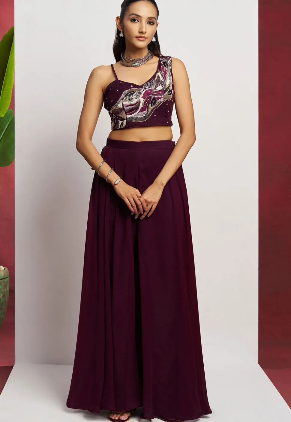 Hand Embroidered Georgette Crop Top Set in Purple