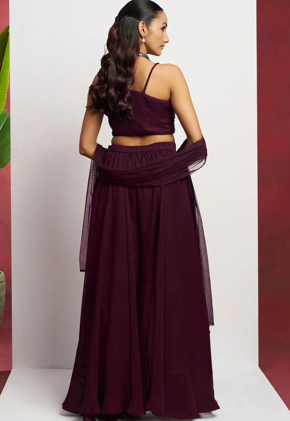 Hand Embroidered Georgette Crop Top Set in Purple