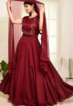 Hand Embroidered Georgette Silk Abaya Style Suit in Maroon