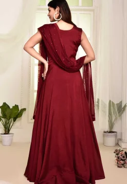 Hand Embroidered Georgette Silk Abaya Style Suit in Maroon