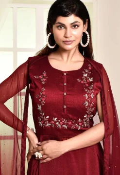 Hand Embroidered Georgette Silk Abaya Style Suit in Maroon
