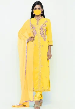 Hand Embroidered Georgette Straight Suit in Mustard