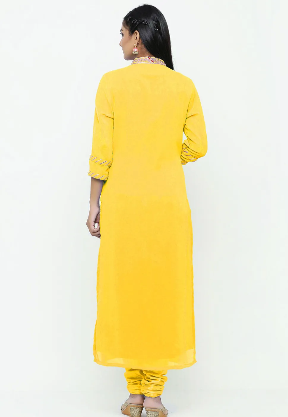 Hand Embroidered Georgette Straight Suit in Mustard