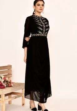 Hand Embroidered Georgette Midi Dress in Black