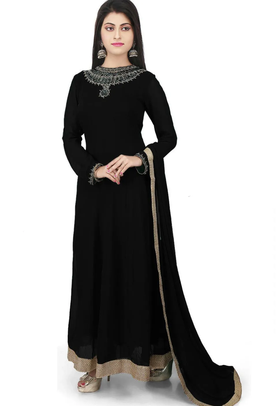 Hand Embroidered Georgette Abaya Style Suit in Black