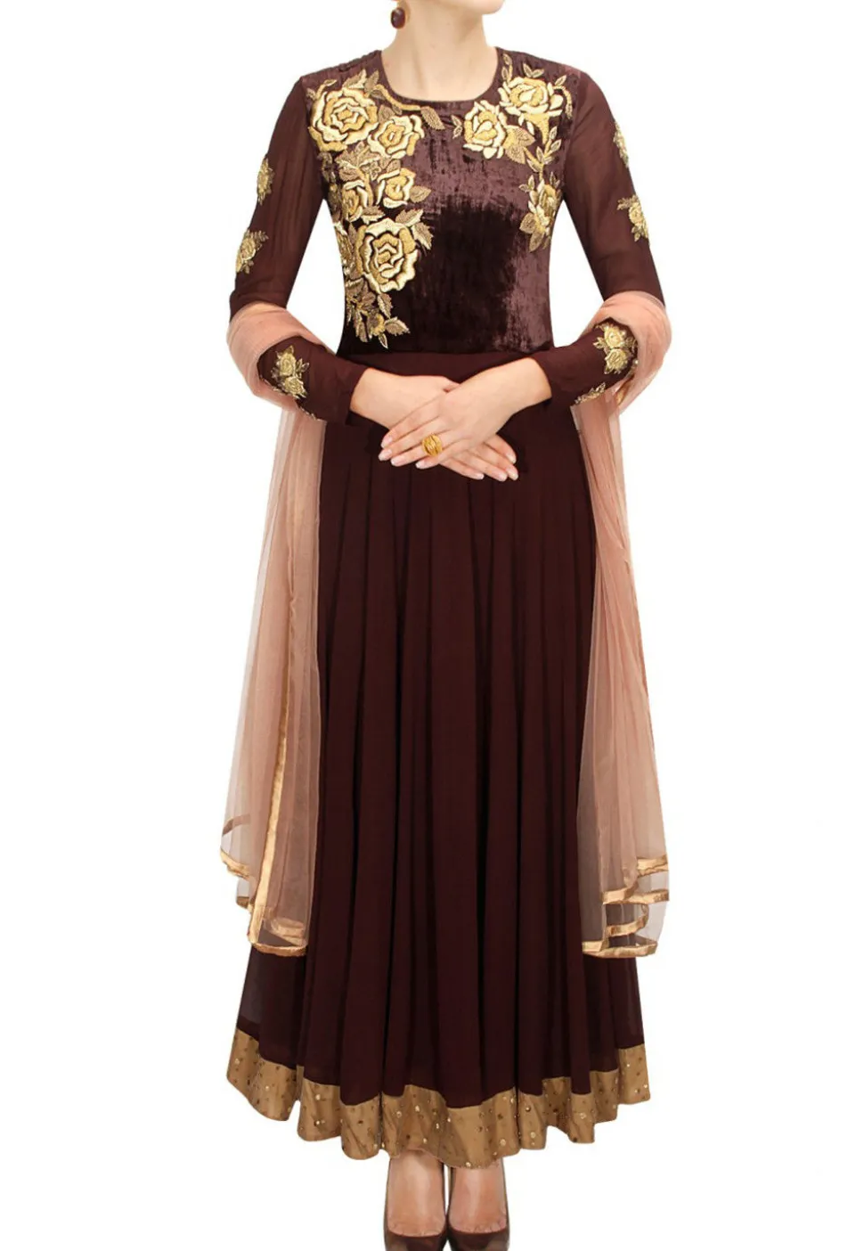 Hand Embroidered Georgette Abaya Style Suit in Brown