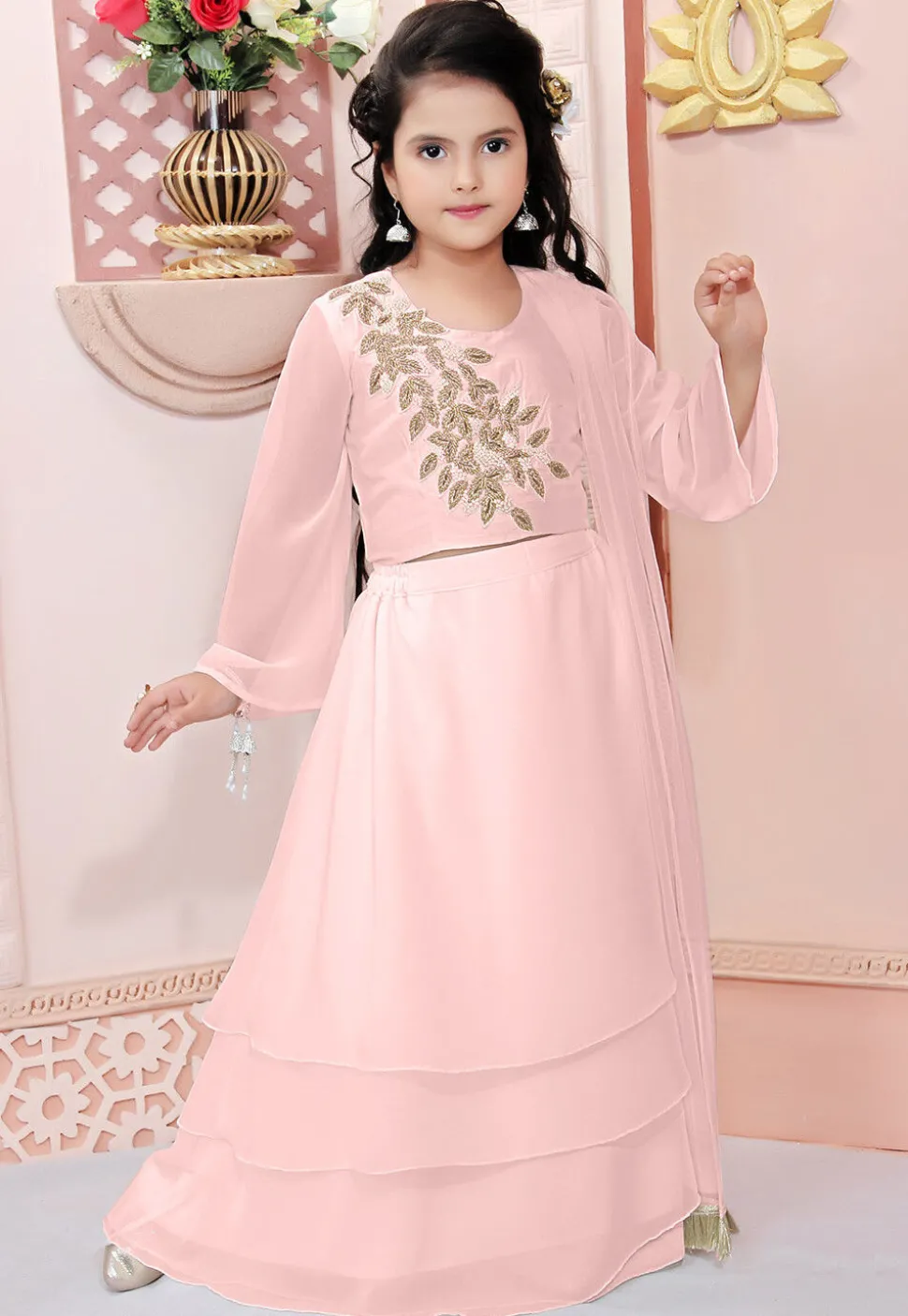 Hand Embroidered Georgette Lehenga in Peach