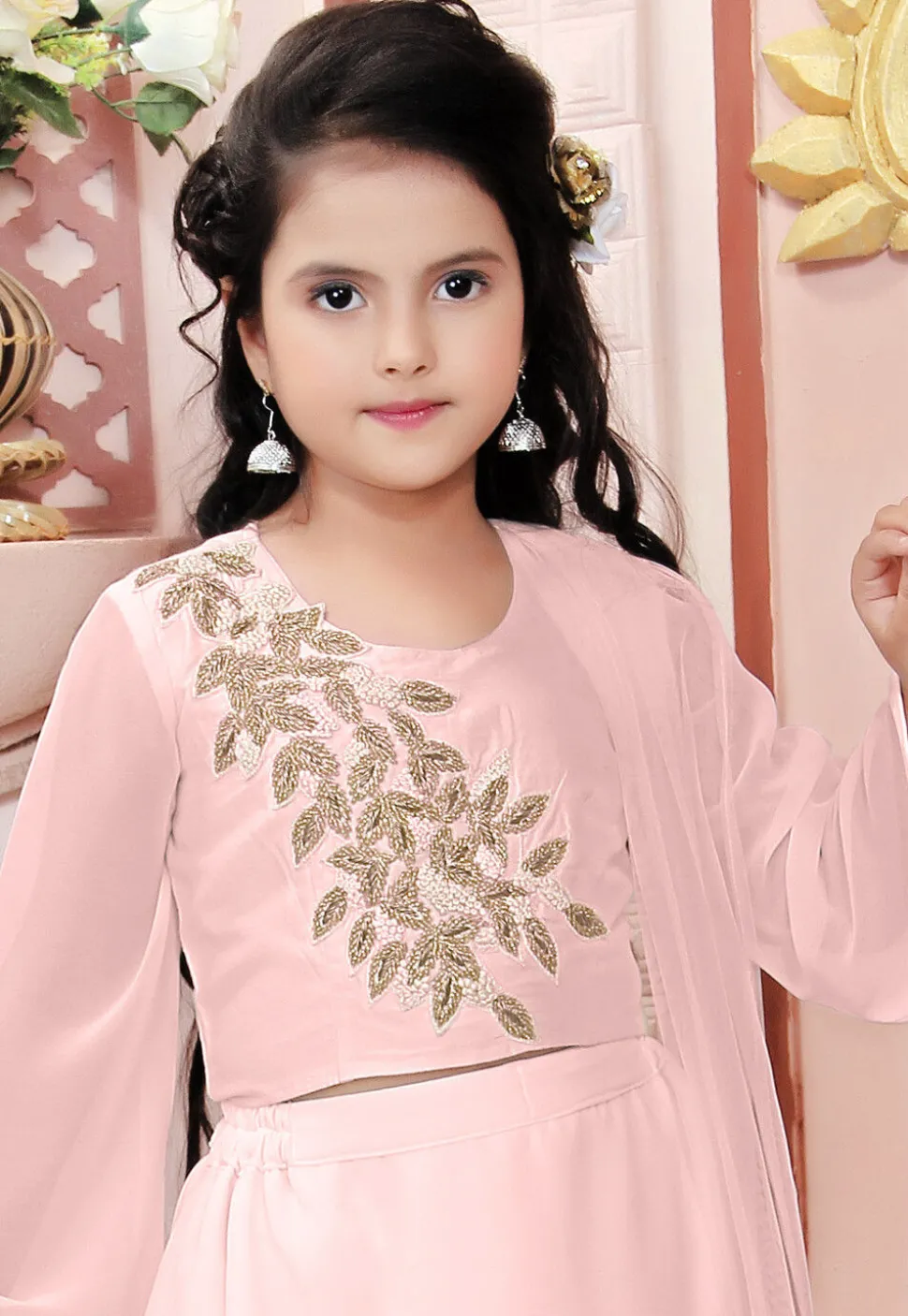Hand Embroidered Georgette Lehenga in Peach