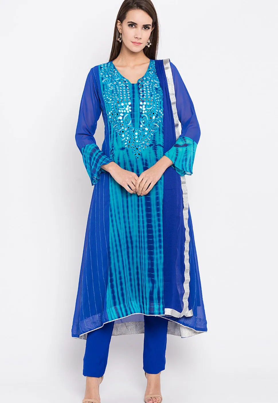 Hand Embroidered Georgette A Line Suit in Royal Blue