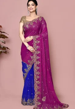 Hand Embroidered Georgette Saree in Dark Pink and Blue