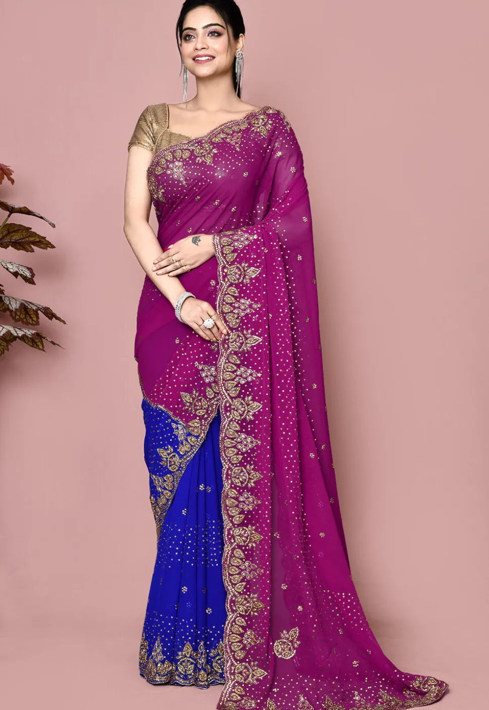 Hand Embroidered Georgette Saree in Dark Pink and Blue
