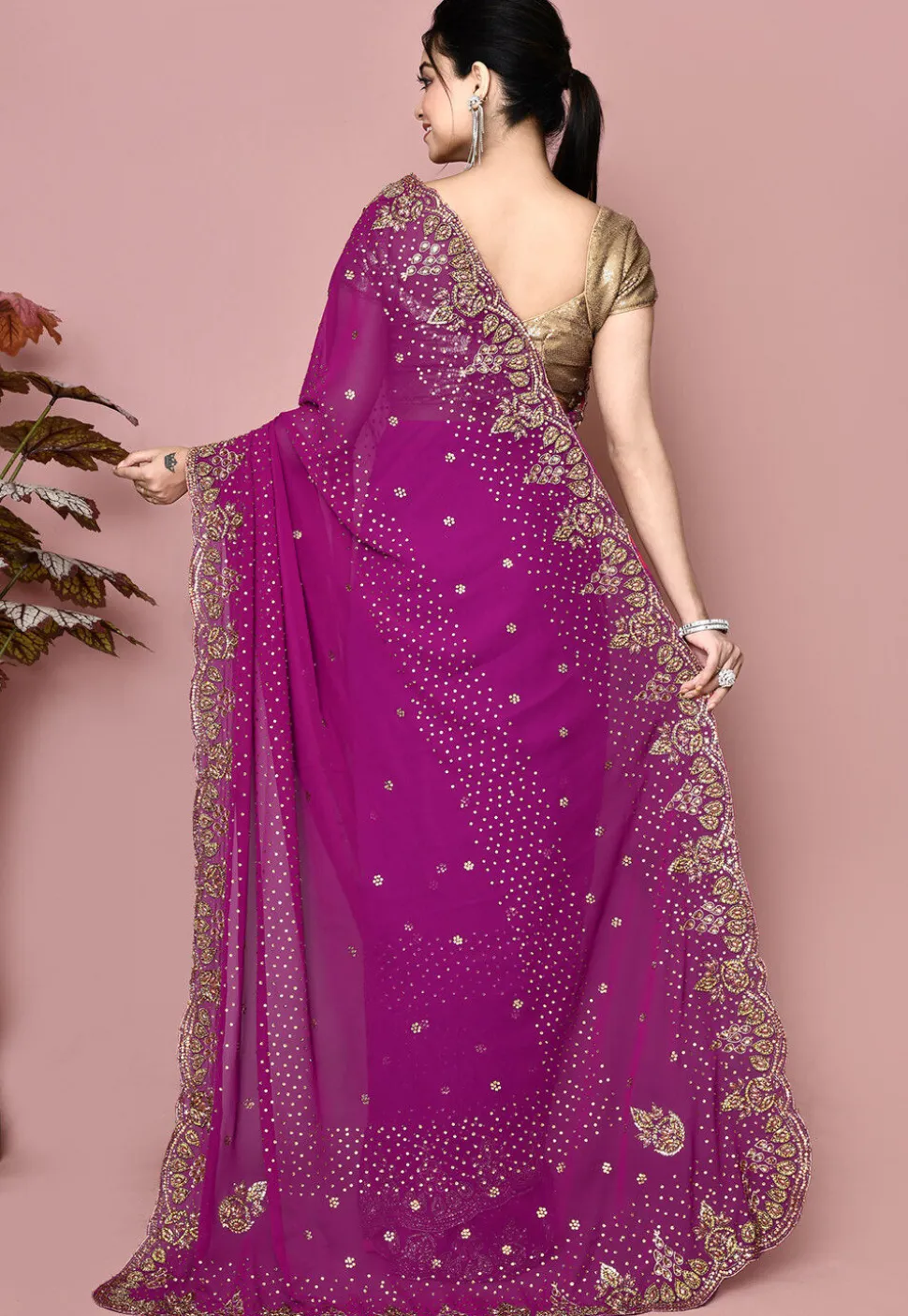 Hand Embroidered Georgette Saree in Dark Pink and Blue