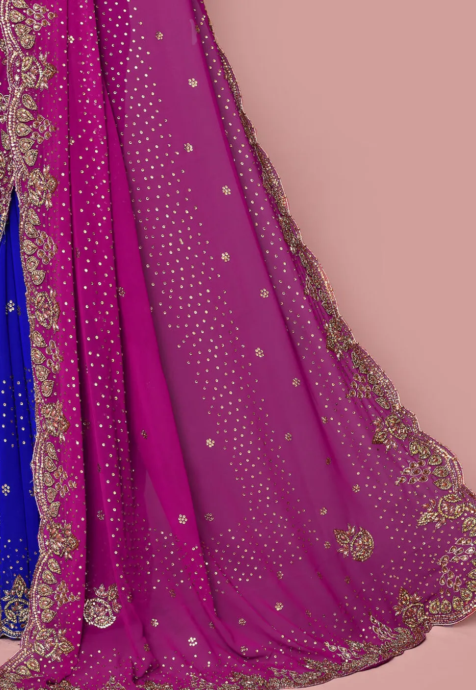 Hand Embroidered Georgette Saree in Dark Pink and Blue