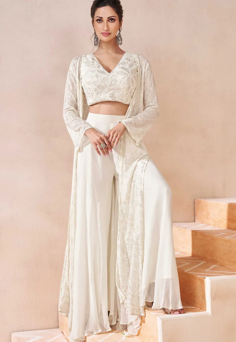 Hand Embroidered Georgette Crop Top Set in Off White