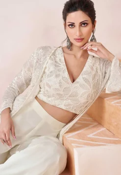 Hand Embroidered Georgette Crop Top Set in Off White