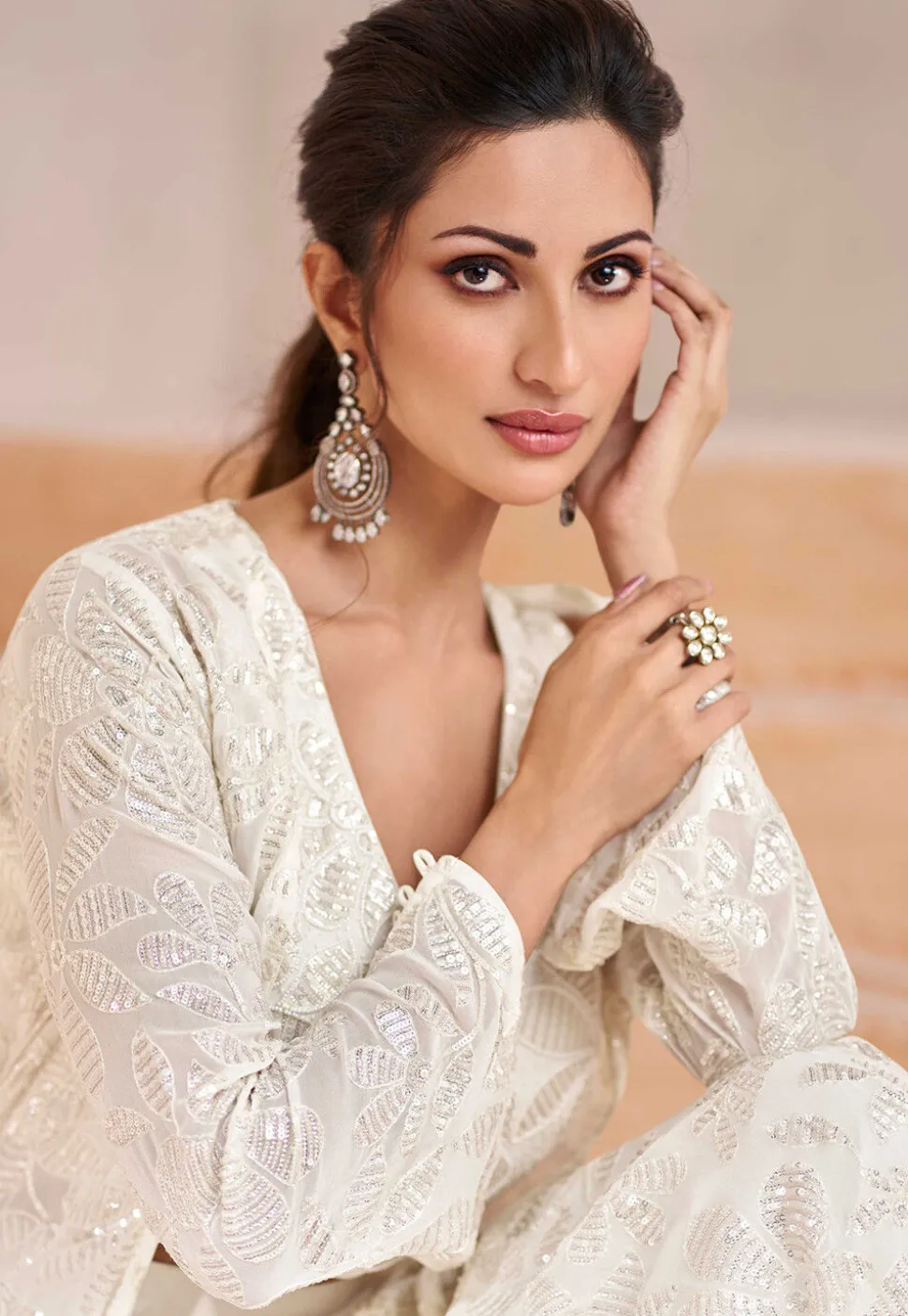 Hand Embroidered Georgette Crop Top Set in Off White
